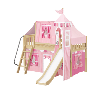 Maxtrix Twin Low Loft Bed with Angled Ladder, Curtain, Top Tent, Tower + Slide